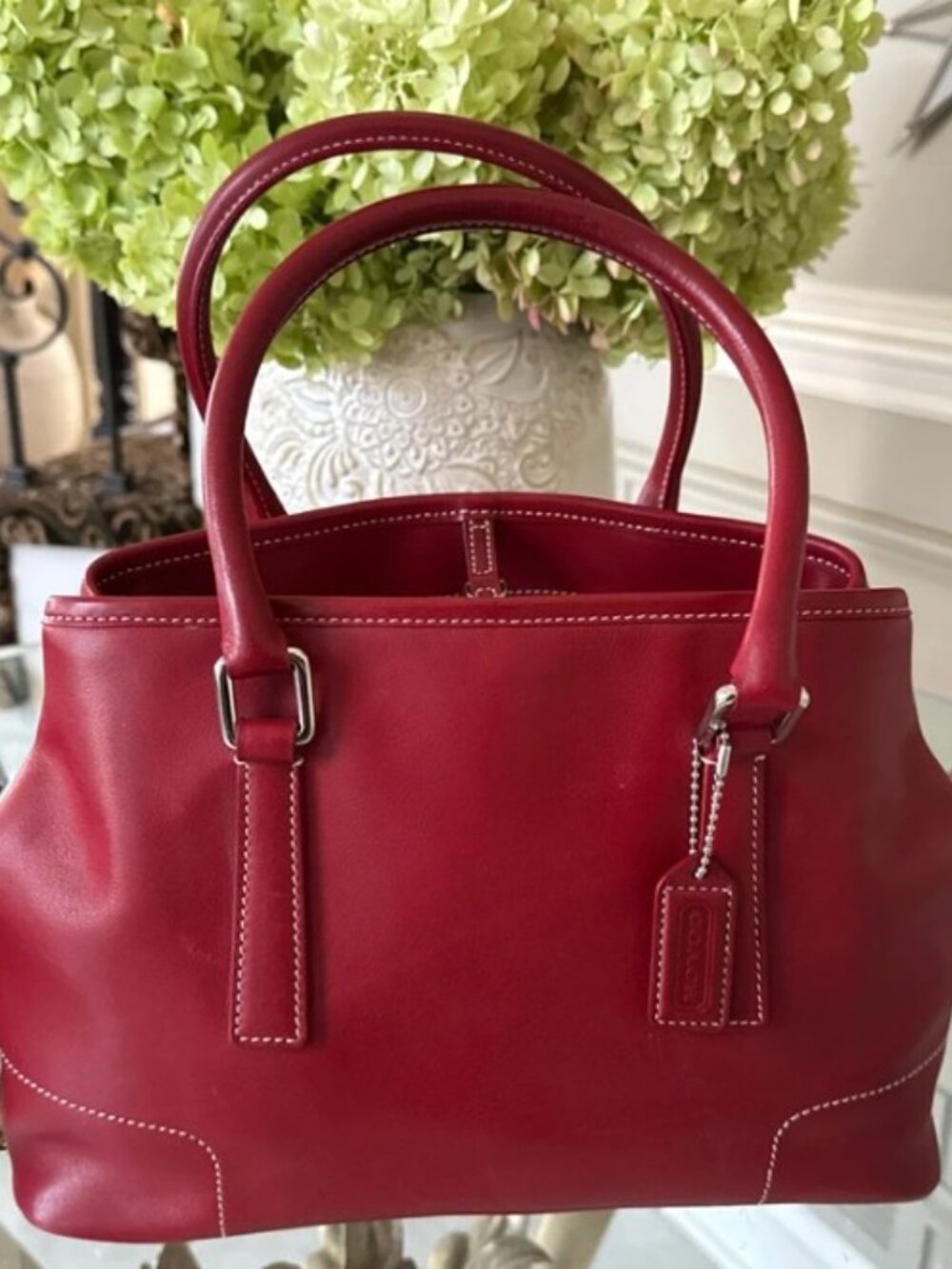 Rare Vintage Y2K Coach Hampton Satchel 7755 Red Crimson Leather White Stitching